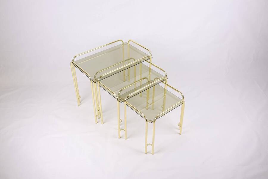 Vintage Mid Century Nesting Tables Set | Brass Frame And Smoked Glass Top | Retro Stackable Side Tables | Gold Accent Tables For Home Décor