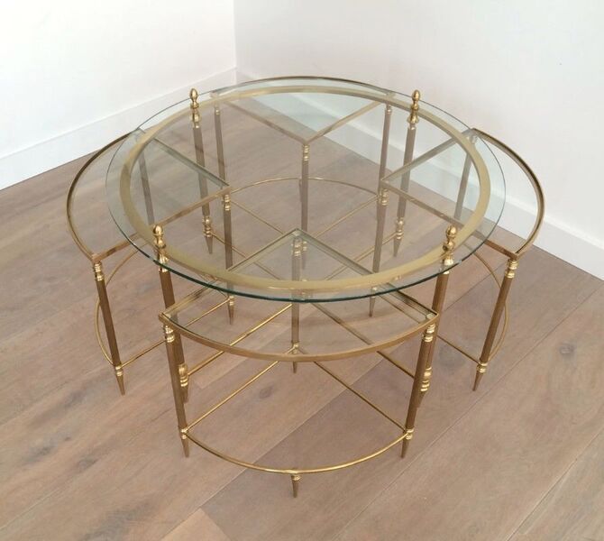 Neoclassical Round Brass Coffee Table With 4 Nesting Tables By Maison Bagués. Circa 1940