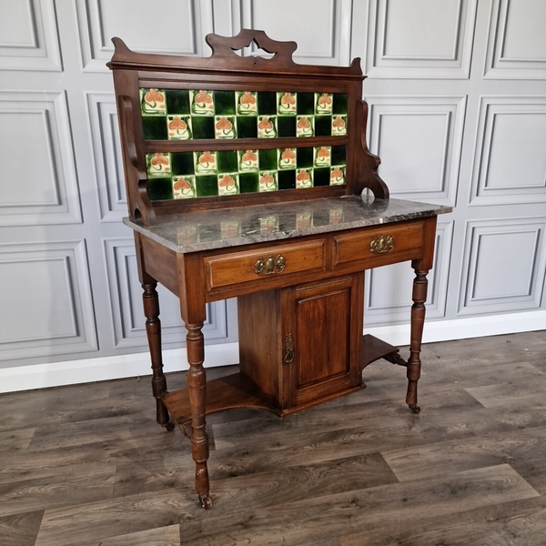 Antique Victorian Solid Wooden Marble Top Tile Back Dressing Table Wash Stand