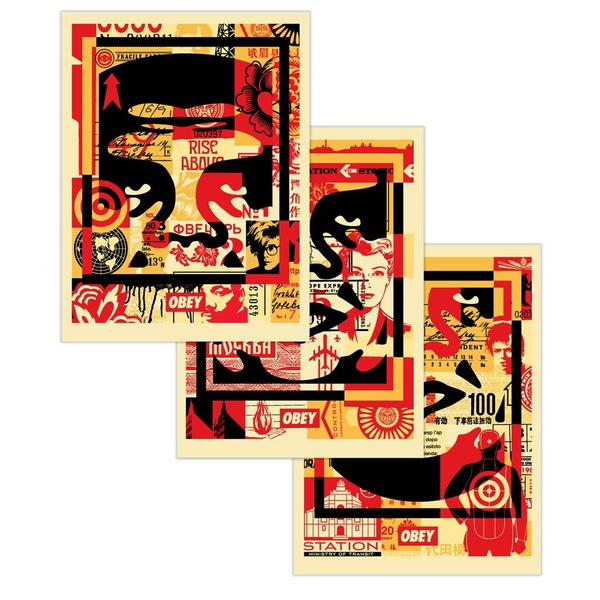 Shepard Fairey, 2024 Obey Giant 3 Faces Collage Three Offset Lithographs Cm 61 X 45 Each
