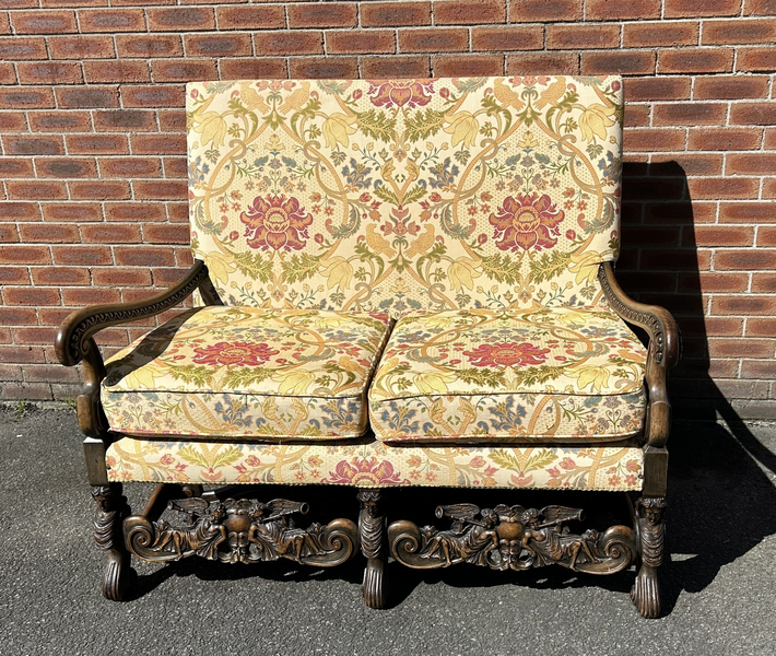 Victorian Jacobean Style Heavily Carved Walnut Frame Cherubs Sofa William Morris