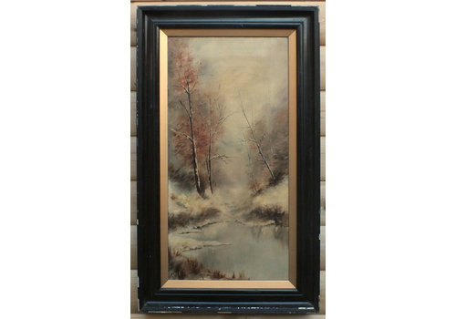 Large Antique Victorian Framed Oil Landscape Painting Ebonized Mahogany Frame