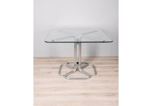 Vintage Square Table In Chrome Metal And Glass, Italian Design, 1970s