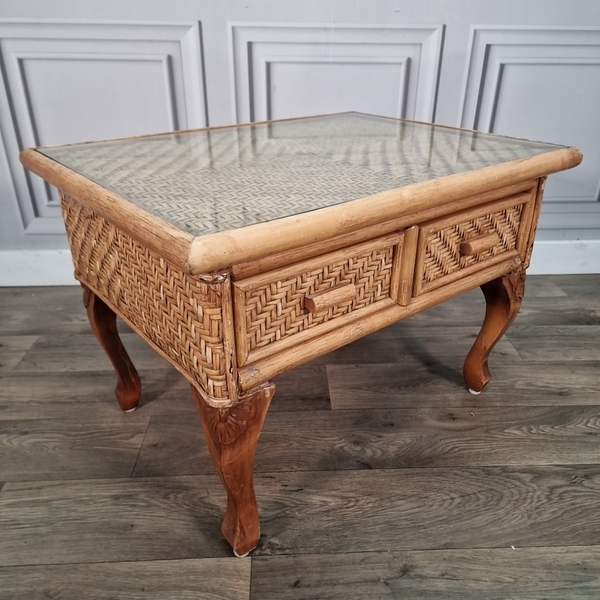 Retro Vintage Rattan Wicker Coffee Table With Glass Top & Storage Drawers Boho