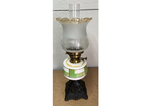 Vintage Duplex Oil Lamp With Ceramic Reservoir And Cast Iron Stand
