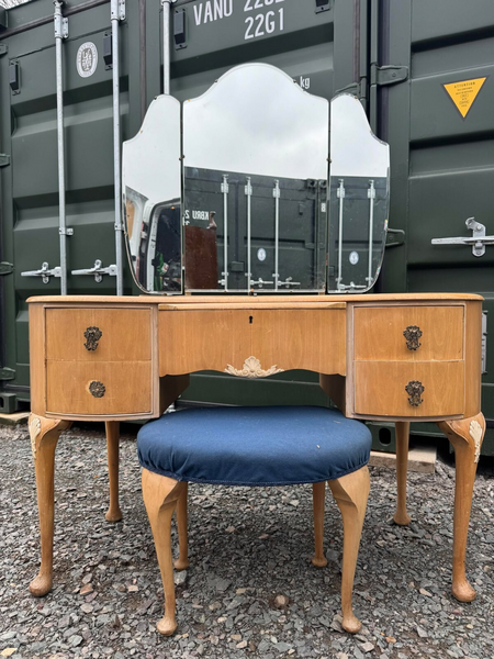 Stunning Vintage Dressing Table With Triple Mirror And Stool Ready To Upcycle