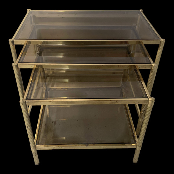 Set Of Three Nesting Tables In Brass And Smoked Glass, 20th Century