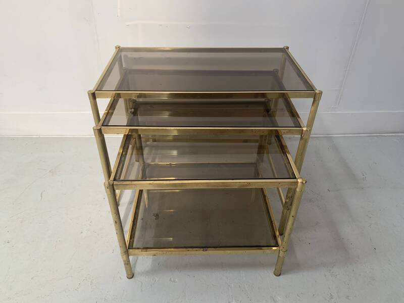 Set Of Three Nesting Tables In Brass And Smoked Glass, 20th Century photo furniture