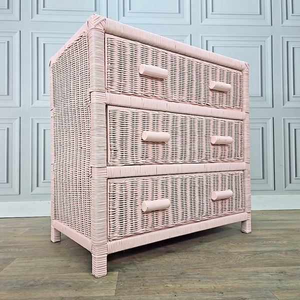 Vintage Retro Lloyd Loom Weave Rattan Cane Wicker Chest Of 3 Drawers Pink