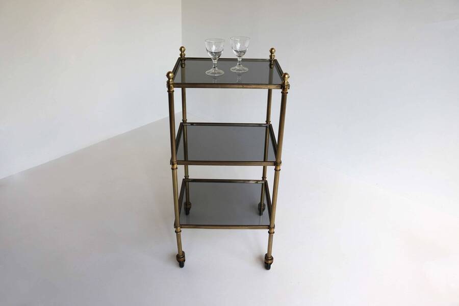 Maison Jansen Hollywood Regency Drinks Trolley French Side Table Brass Glass Three Tier Rolling Occasional Table Bar Cart Midcentury 50s