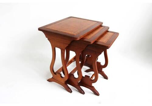 Midcentury Wooden Nesting Tables With Brown Leather Tops Harp Shaped Legs Set Of Three Sides Tables Antique Style Nest Of Tables Mimiset
