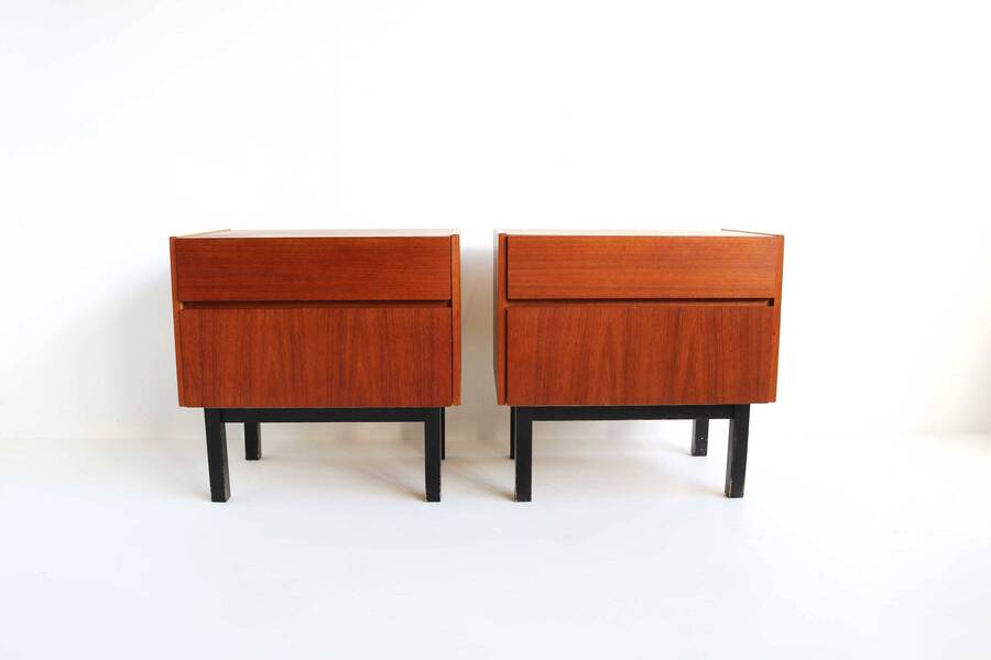 Sleek Vintage Pair Nightstands 1960s French Design Side Tables Couple Bedside Tables End Tables Mid Century Cabinets Drawer Valve