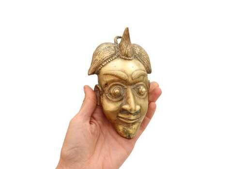 Mid Century African Benin Brass Wall Decor Mask Nigerian Metalwork H 6.2''