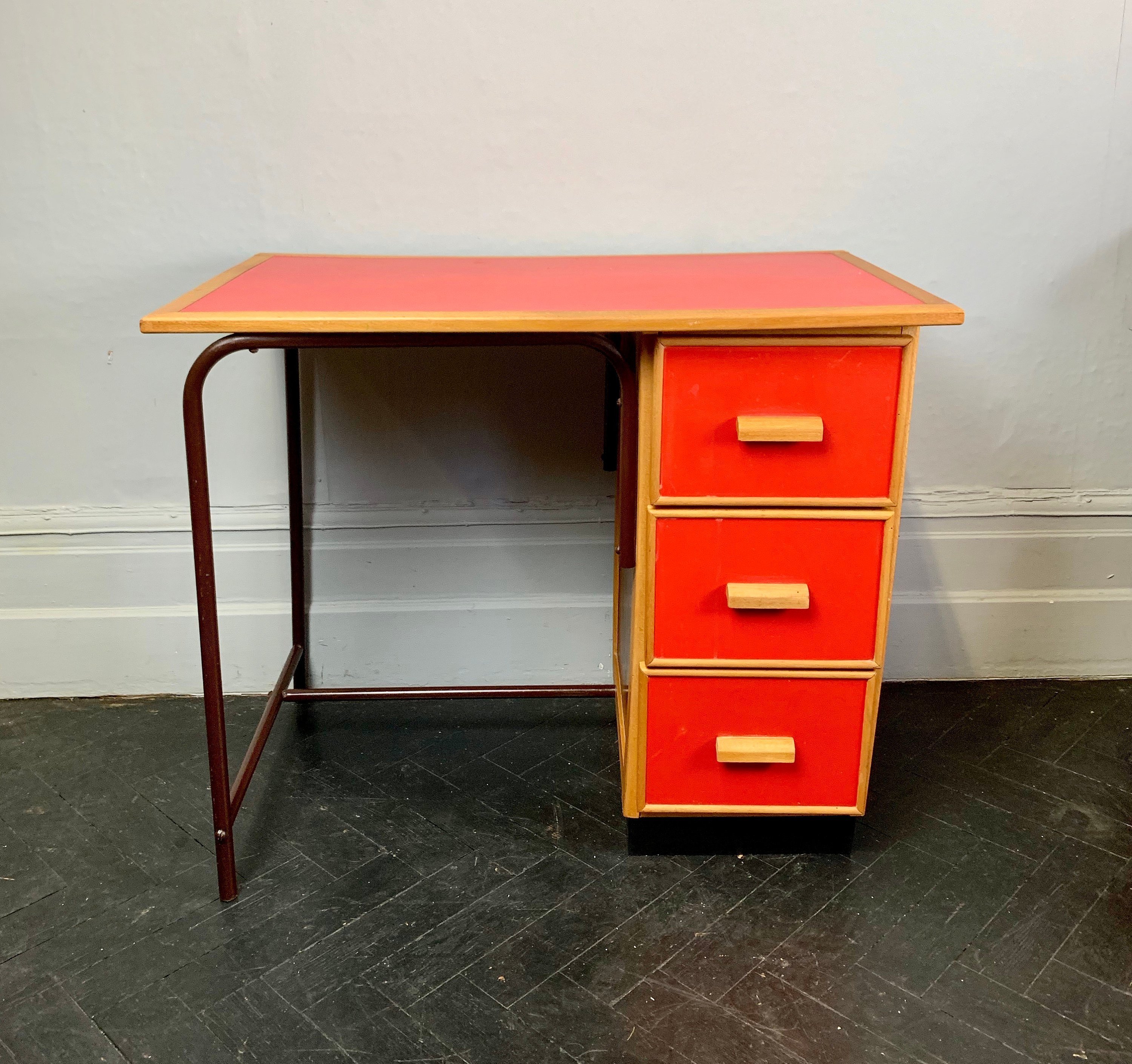 Small Vintage Wooden Desk With Drawers Red Vinterior