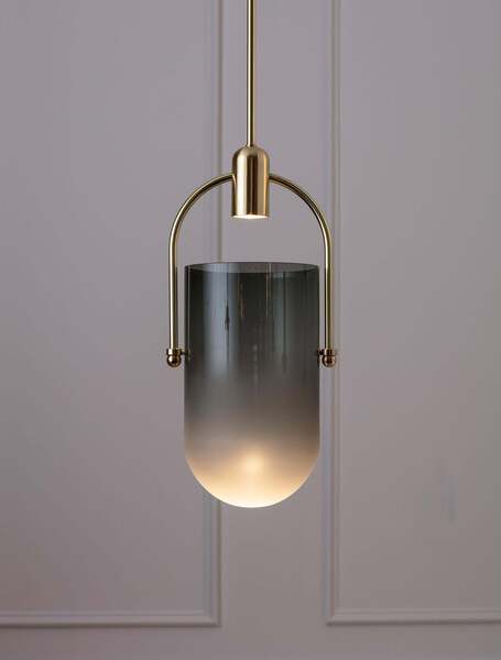 Contemporary Pendant Lamp In Grey Glass And Brushed Brass, Arc Well By Allied Maker, USA