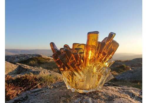 Pertti Santalahti For Humpilla, Finland. An Amber Glass, Crystal Form Bowl. 1970s.