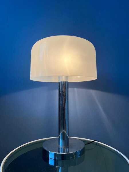 Chrome Space Age Table Lamp With White Plexiglass Mushroom Shade