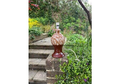 Retro 1970s Brown Pottery Table Lamp With Brown Glaze, Two Tone, And White Lava Flow Glaze Detail Dripping From The Top Working Lamp