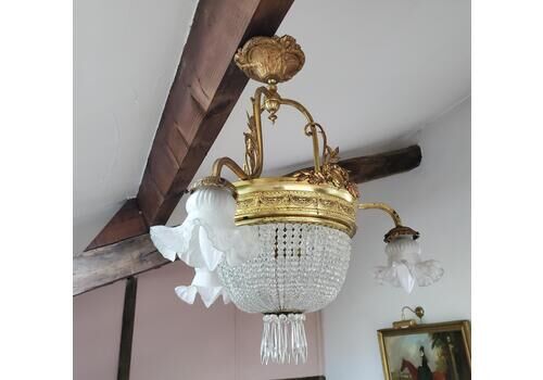 French Bag Or Basket Chandelier / Large French Chandelier / Cut Crystal Chandelier / 6 Bulb French Empire Chandelier / Bronze Chandelier