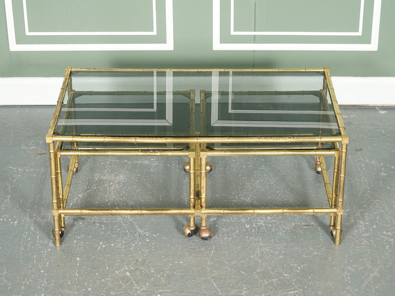 Hollywood Regency Golden Bamboo Coffee Table Set With 2 Side Tables On Castors photo furniture