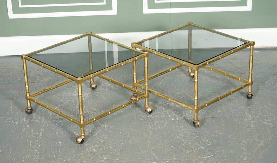 Hollywood Regency Golden Bamboo Coffee Table Set With 2 Side Tables On Castors photo vinterior