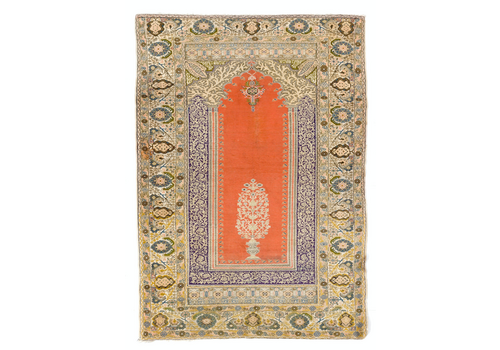 4.8x6.6 Ft Antique Turkish Panderma Rug With Archway, Vase, Chandelier & Flowers