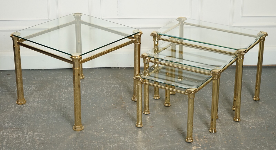 Set Of 1970's Hollywood Regency Golden Brass Glass Nest Of Tables Side Table  J1