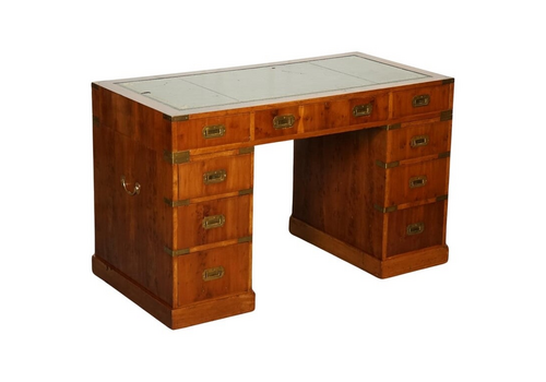Vintage Burr Yew Campaign Military Green Leather Twin Pedestal Desk Brass