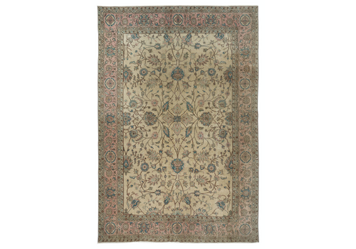 8x11.6 Ft Handmade Rug With Floral Design And Beige Field. Vintage Large Carpet