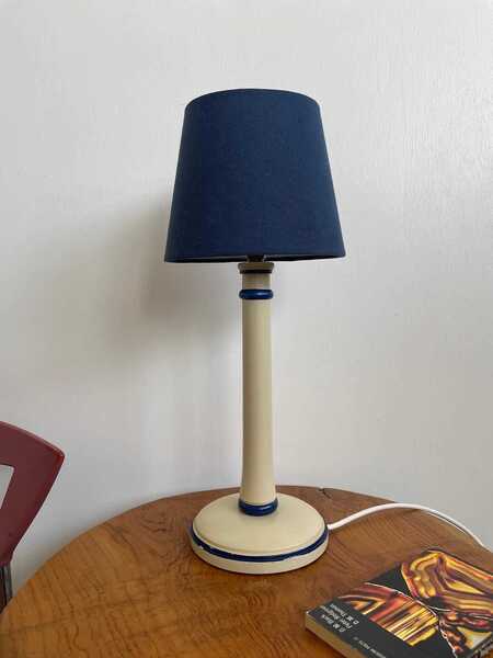 Vintage Scandi Wooden Table Lamp In Blue And Cream With Simple Blue Shade