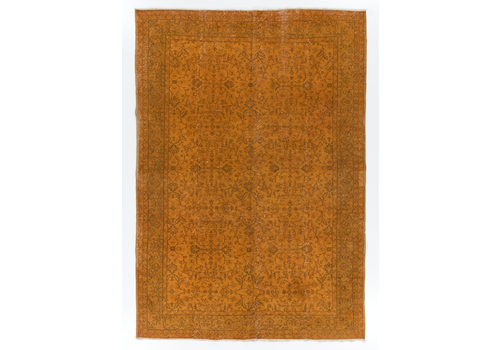6.7x9.7 Ft Mid Century Floral Design Rug Redyed In Orange, Handknotted In Turkey