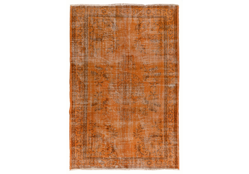6x8.9 Ft Distressed Mid Century Area Rug Redyed In Orange, Handknotted In Turkey