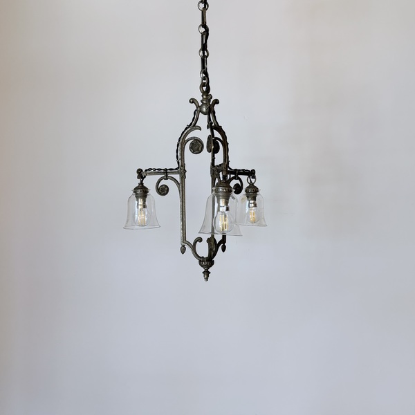 Ornate Silvered Chandelier With Clear Pyrex Shades