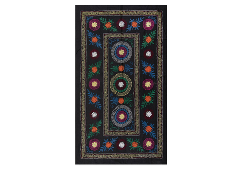 3.7x6.3 Ft Central Asian Suzani Textile. Embroidered Cotton & Silk Bed Cover