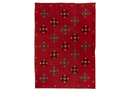 6.7x8.7 Ft Central Asian Suzani Textile. Embroidered Cotton & Silk Bed Cover