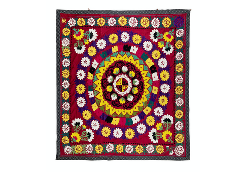 6x6.3 Ft Vintage Silk Embroidery Bedspread, Central Asian Suzani Tablecloth