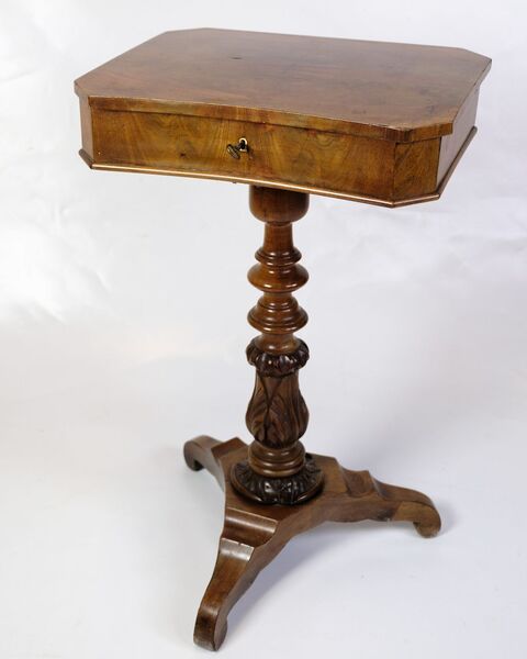 Antique Side Table/Sewing Table With Storage   Mahogany   On Column   Year 1890