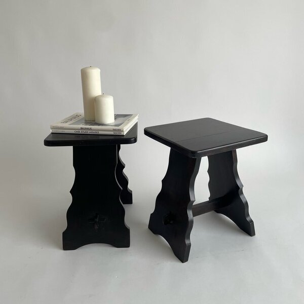 Pair Of 2 Brutalist Arts And Crafts Style Mid Century Stools  Side Tables In Dark Stain