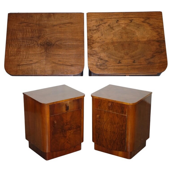 Pair Of 1930's Art Deco Burr Walnut Bedside Tables Nightstands Drawer & Cupboard