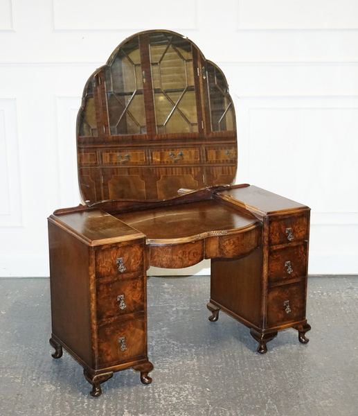 Antique 1920's Art Deco Burr Walnut Dressing Table With Large Mirror