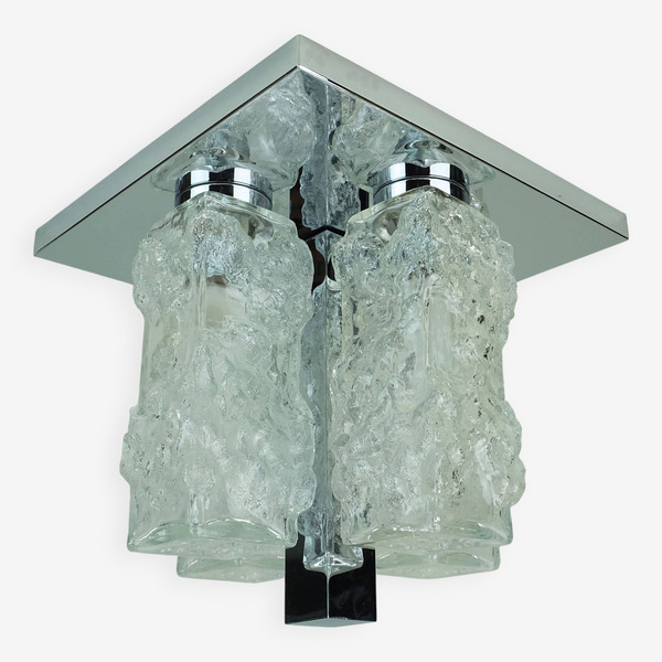 Mid Century Flush Mount Ceiling Fixture With 4 Ice Glass Cuboids