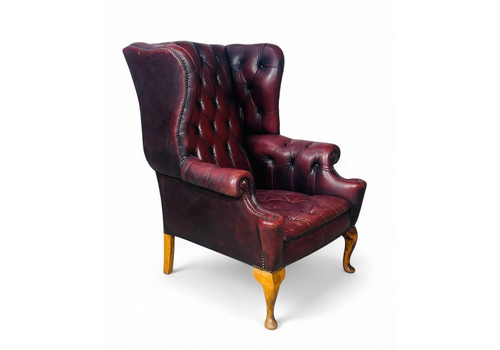 Vintage Burgundy Leather Chesterfield Armchair Wing Back Queen Anne Style