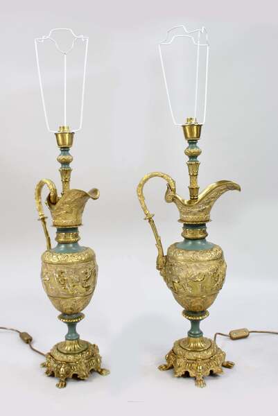 Pair Of Antique Ormolu Ewer Form Table Lamps