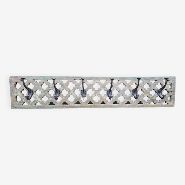 Teak Coat Rack With 6 Double Cast Iron Hooks