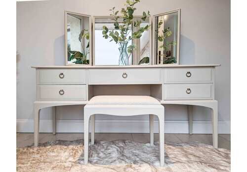 Spray Painted, Light Taupe Stag Minstrel Dressing Table Set With Triple Mirror & Stool