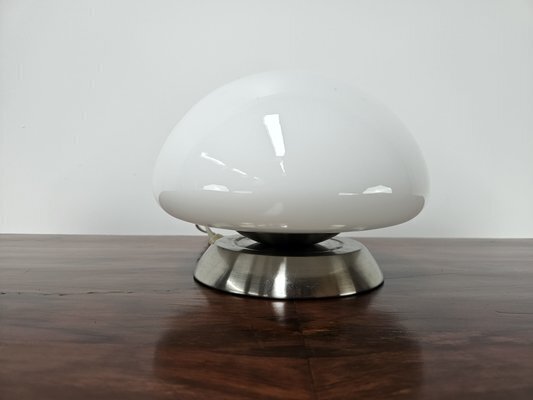 Vintage White Glass And Metal Table Lamp With Touch Switch, 1970s