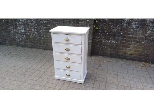 Rustic Antique Chest Of Drawers Distressed White Painted Finish With Brass Cup Handles Victorian Shabby Chic Storage