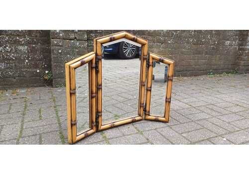 Vintage 80s Faux Bamboo Folding Vanity Mirror – Triple Bevelled Dressing Table Mirror With Adjustable Panels