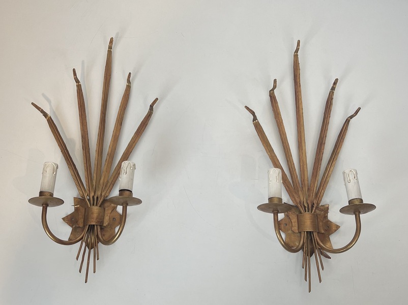 Pair Of Golden Sconces With Ears Of Wheat In The Style Of Coco Chanel
