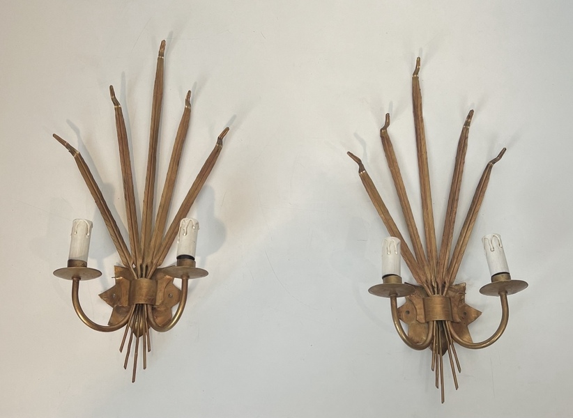 Pair Of Golden Sconces With Ears Of Wheat In The Style Of Coco Chanel photo furniture